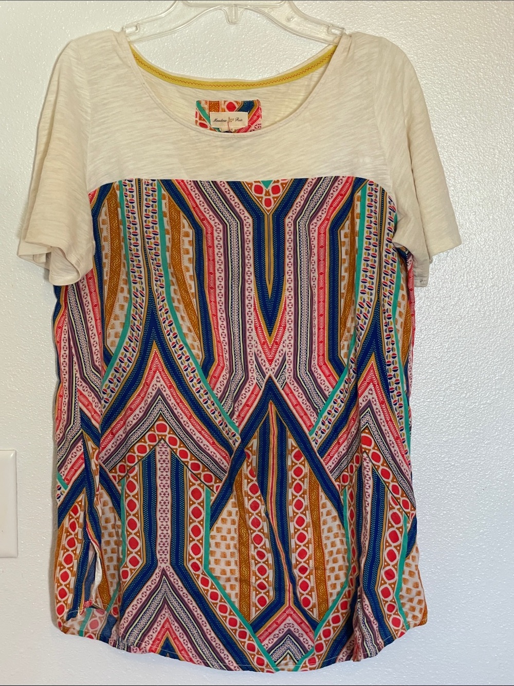 Meadow Rue Cream Tee with Vivid Multicolor Geometric Panel